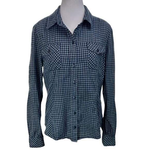 Lucky Brand Check Plaid Navy Button Front Long Sleeve Top Size Large Navy Blue - Picture 1 of 8